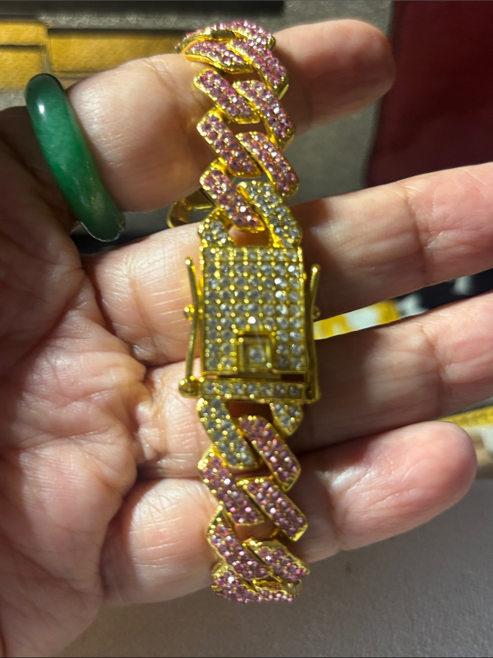 Gold-Tone Pink Crystal Cuban Link Bracelet with Pavé Center